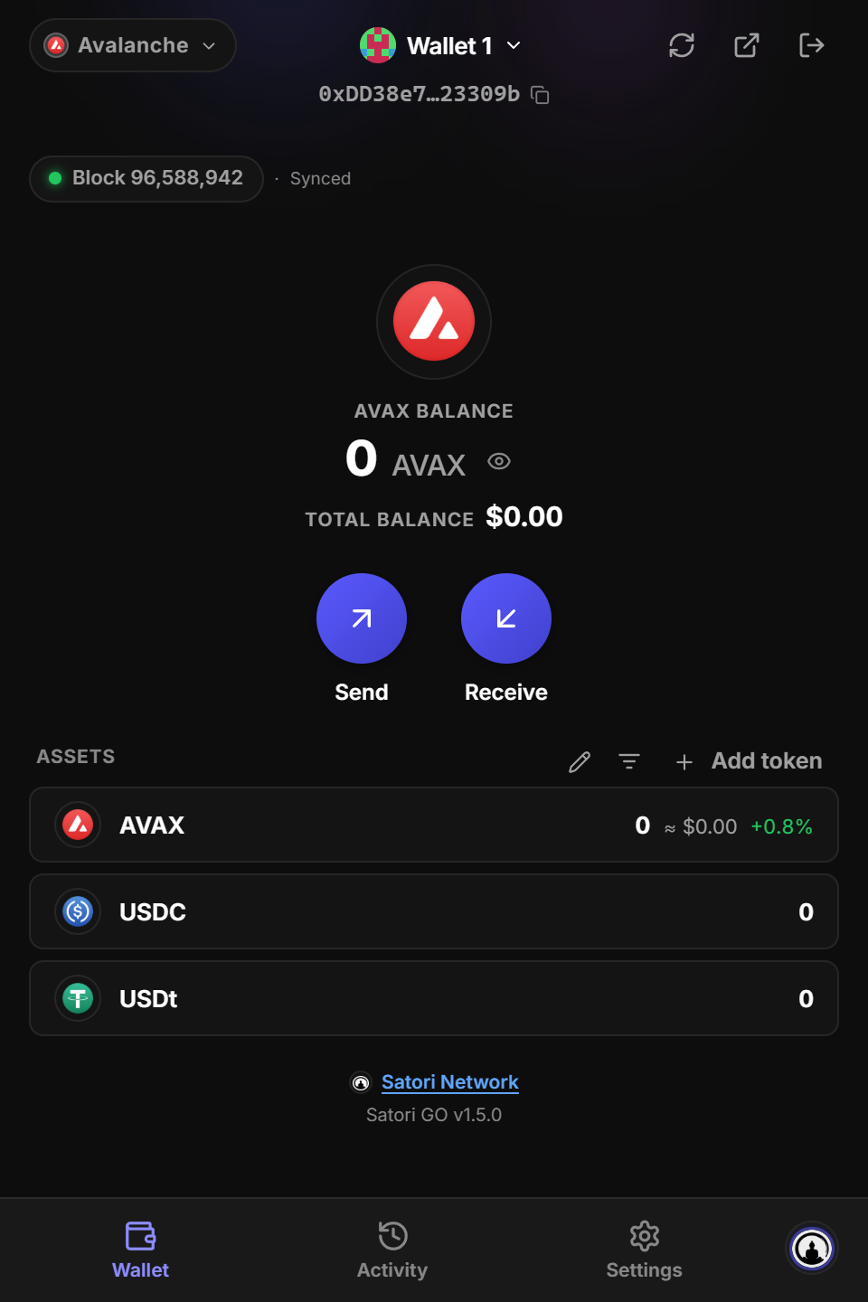 The wallet on Avalanche, with USDC and USDt listed