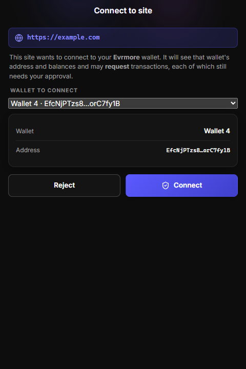 A site's connect request, with a dropdown to pick the wallet and Reject and Connect buttons