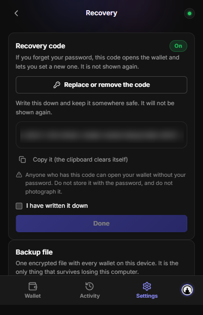 The Recovery screen with the recovery code hidden and the backup file option