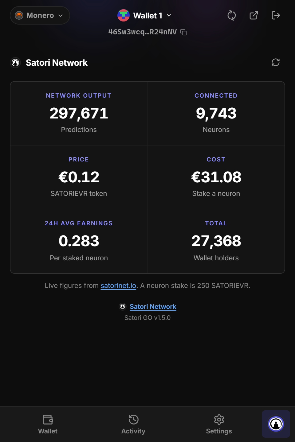 The Satori Network screen with live figures, shown in euros