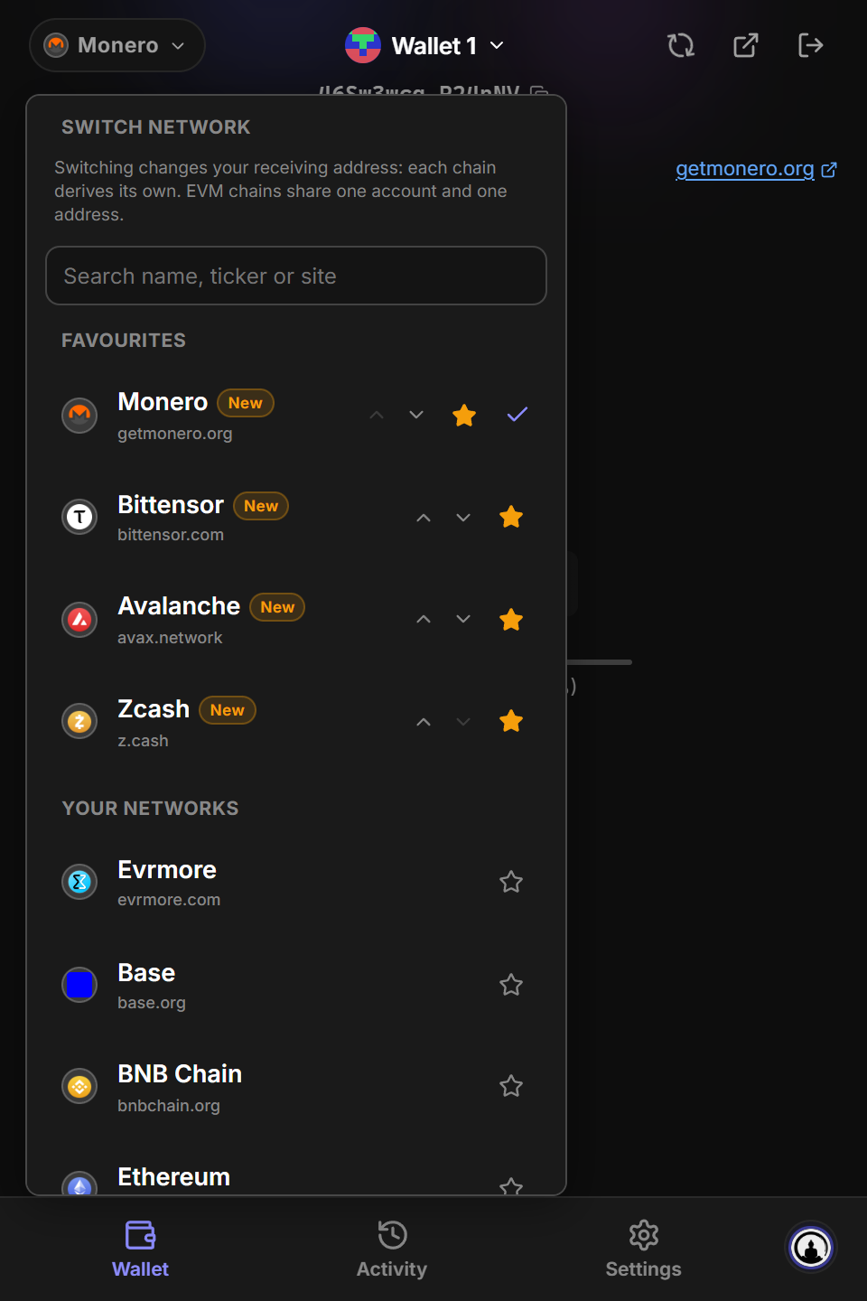 The network list with starred favourites at the top and a search box
