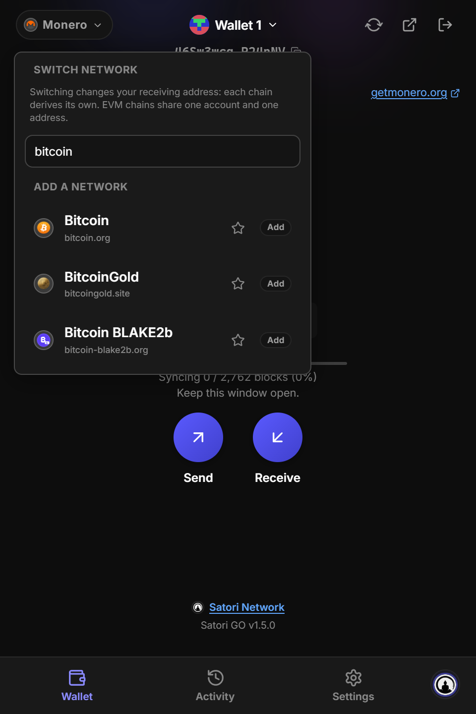 The network list filtered by a search for bitcoin